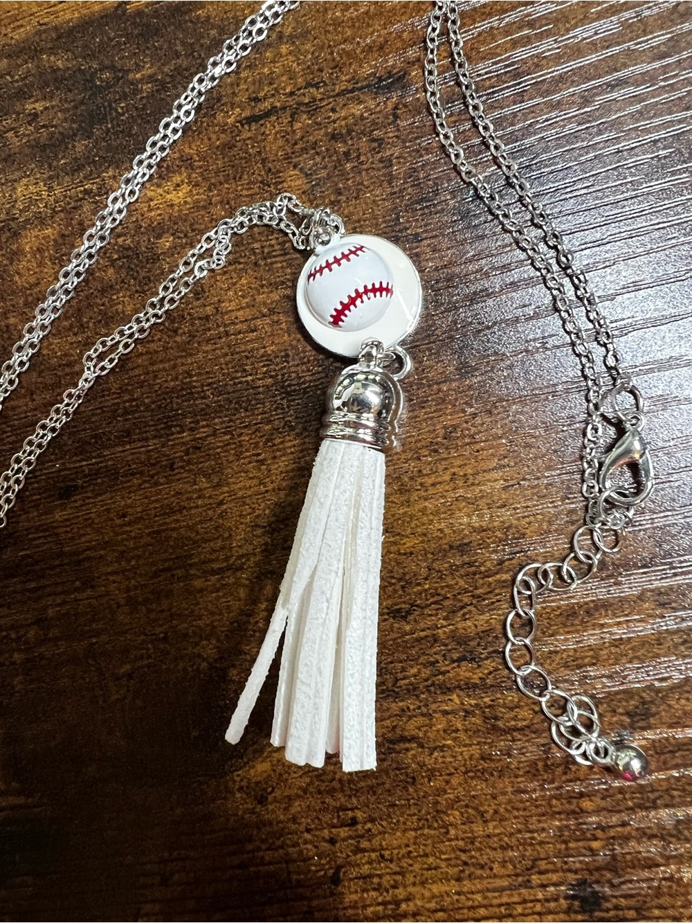 White Tassel Baseball Pendant Necklace - Silver Chain